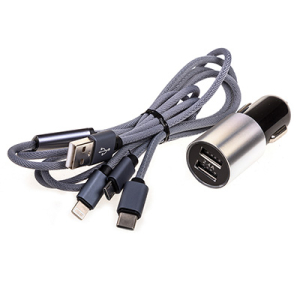 Зарядное устройство 12/24V micro USB/Type-C/Lightning USB*2 100 см SW черн/серебро в коробке